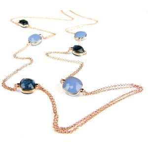 Zilveren halsketting collier halssnoer roos goud verguld Model New Trend gezet met blauwe stenen