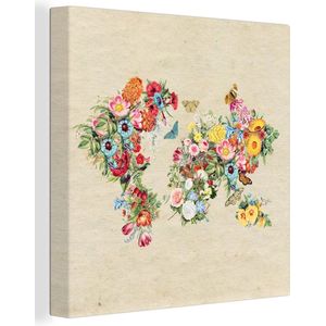 Wanddecoratie Wereldkaart - Bloemen - Vlinder - Bruin papier - Canvas - 90x90 cm