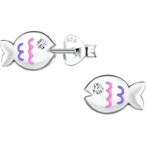 Joy|S - Zilveren vis oorbellen - 9 x 6 mm - zilver met roze en paarse accentjes - kristal - kinderoorbellen