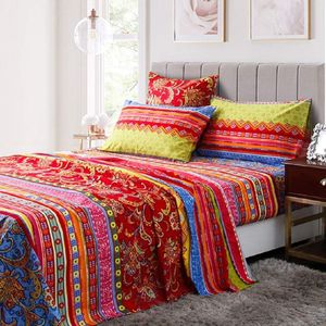 Bohemian Hoeslaken, 120 g/m², Indiaas, mandala, microvezel, jersey, rood, blauw, boxspringhoeslaken, 180 x 200 cm tot 25-30 cm matrashoogte