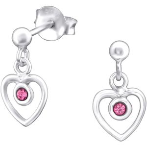 Joy|S - Zilveren hartje bedel oorbellen - roze kristal - oorknoppen voor kinderen