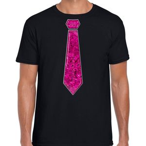 Bellatio Decorations Verkleed shirt heren - stropdas pailletten roze - zwart - carnaval- foute party M