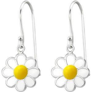 Joy|S - Zilveren madeliefje bloem bedel oorbellen - oorhangers - wit geel
