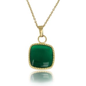 My Bendel - Gouden ketting in combinatie met grote classy Green Agate hanger - Classy combinatie van gouden schakelketting met gouden hanger voorzien van een twisted randje en een Green Agate edelsteen - Met luxe cadeauverpakking