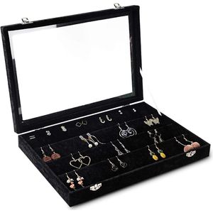 Oorbel Organizer Lade met Transparant Deksel 64 Slots Fluwelen Lade Insert Sieraden Display Case met slot Geschenken voor Vrouwen (zwart)
