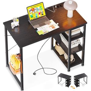 Klein bureau, 80 x 40 x 75 cm, computertafel klein met 3 stopcontacten en USB & type C-oplaadaansluiting, pc-tafel met omkeerbaar rek, kinderbureau voor kantoor, woonkamer, zwart