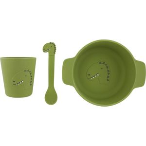 Trixie Siliconen Baby Eetset Mr. Dino - Perfect Kraamcadeau - Babyshower Gift - Set met Lepel, Beker en Kom.