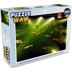 Puzzel Een grote groep koi karpers die in een tuinvijver zwemmen in de nacht - Legpuzzel - Puzzel 500 stukjes