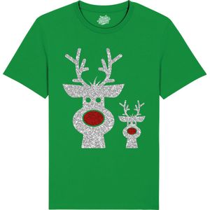 Rendier Buddies - Foute Kersttrui Kerstcadeau - Dames / Heren / Unisex Kleding - Grappige Kerst Outfit - Glitter Look - T-Shirt - Unisex - Kelly Groen - Maat L