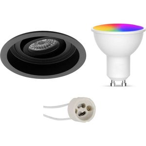 LED Spot Set GU10 - Facto - Smart LED - Wifi LED - Slimme LED - 5W - RGB+CCT - Aanpasbare Kleur - Dimbaar - Afstandsbediening - Pragmi Domy Pro - Inbouw Rond - Mat Zwart - Verdiept - Kantelbaar - Ø105mm