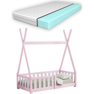 In And OutdoorMatch Kinderbed Germaine - Tipi - Met valbescherming - en matras - 70x140 cm - Roze - Voor meisjes - Voor jongens - Voor kinderen