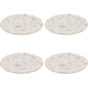 HAES DECO - Ontbijtborden set van 4 - Formaat Ø 19x2 cm - kleuren Wit - Bedrukt Porselein - Collectie: Tableware flowers - Servies, kleine borden