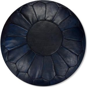 Poef Rond (XL) - Nachtblauw - Poef Leer - Handgemaakt - Ø60 x 35cm - Gevuld geleverd