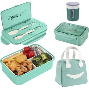 1400 ml lunchbox met 3 vakken en bestek - isolatiebeker - luchtdicht - voor picknick en werk - magnetron - groen.