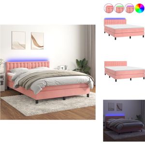 vidaXL Boxspring - Bedframe met verstelbaar hoofdbord - 193 x 144 cm - Zacht fluweel roze - Pocketvering matras - Huidvriendelijk topmatras - Kleurrijke LED-verlichting - Bed