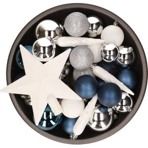 33x stuks kunststof kerstballen met piek 5-6-8 cm blauw/wit/zilver incl. haakjes - Kerstversiering