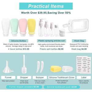 18 stuks reisflessen set voor toiletartikelen, TSA-goedgekeurde containers in reisformaat met bandage, siliconen knijpbaar voor shampoo conditioner, lotion bodywash (veelkleurig+witte zak)