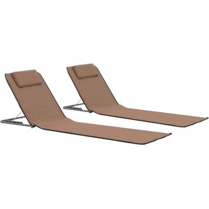 The Living Store Strandstoelen - Opvouwbare strandmatten - Set van 2 - Bruin - Gepoedercoat staal en stoffen bekleding - 160 x 53 x 47 cm - Inclusief hoofdsteun en opbergvak