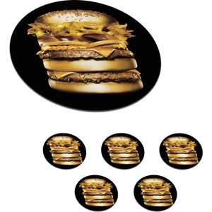 Onderzetters voor glazen - Rond - Gouden hamburger op een zwarte achtergrond. - 10x10 cm - Glasonderzetters - 6 stuks