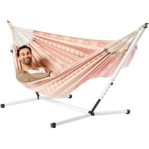 Luilak 2 persoons hangmat hangmat met metalen standaard - 100% Katoen - 350x160cm - 160kg draagkracht - binnen & buiten - Ecru, Roze