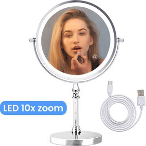 Make Up Spiegel met Led Verlichting - 10X Vergroting - Staande Spiegel Rond - Scheerspiegel Staand - 3 Lichtstanden - Chroom