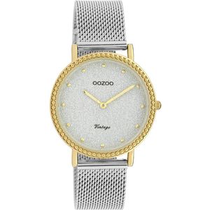 OOZOO Timepieces - Goudkleurige horloge met zilverkleurige metalen mesh armband - C20053