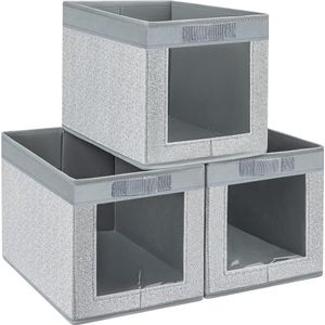 Verpakking van 3 stoffen opbergdozen, opbergmand met transparant venster, opvouwbare opbergdoos, opvouwbare doos voor garderobe, kleding, boeken, speelgoed etc.
