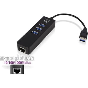 EWENT EW1140 USB-C Hub - 3x USB-A - Gigabit Ethernet Poort - Zwart