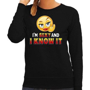Funny emoticon sweater I am sexy and i know it zwart voor dames - Fun / cadeau trui L