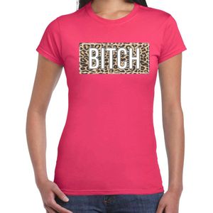 Bitch t-shirt met panterprint - roze - dames - fout fun tekst shirt / outfit / kleding XS