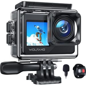 WOLFANG GA120 Action Camera 4K 20MP WiFi, 40M Waterdichte Onderwatercamera om te Snorkelen, 170° Groothoek Vlogcamera met Dubbel Scherm met EIS, Externe Microfoon, Afstandsbediening