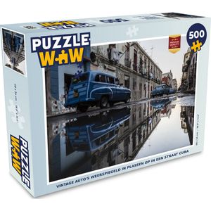 Puzzel Vintage auto's weerspiegeld in plassen op in een straat Cuba - Legpuzzel - Puzzel 500 stukjes