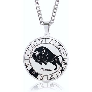 ICYBOY 18K Roestvrije Stalen Ketting Met Ronde Zodiac Sterrenbeeld Pendant [Stier] [60 cm] Silver Plating Stainless Steel Round Horoscope Pendant Necklace