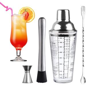 Cocktailset Glazen Cocktailshaker 400 ml Maatbeker Lepel Vijzel Stamper - Profesionele Barkeeperset voor Thuis - Cadeau voor Hem en Haar