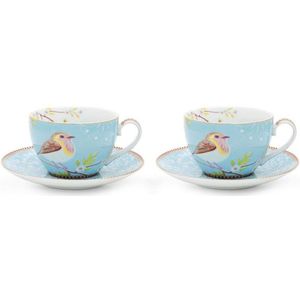 Pip Studio set van twee cappuccino mokken met onderbordje early bird blauw