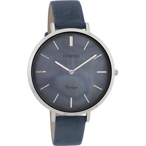 Zilverkleurige OOZOO horloge met donker blauwe leren band - C9808