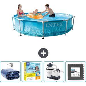 Intex Rond Frame Zwembad - 305 x 76 cm - Waterprint - Inclusief Solarzeil - Onderhoudspakket - Zwembadfilterpomp - Vloertegels