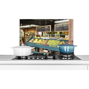 Spatscherm keuken 70x50 cm - Kookplaat achterwand Fruit - Supermarkt - Krijtbord - Muurbeschermer - Spatwand fornuis - Hoogwaardig aluminium