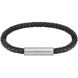 BOSS HBJ1580152 BRAIDED LEATHER Heren Armband - Gevlochten armband - Sieraad - Leer - Zwart - 6 mm breed - 19 cm lang