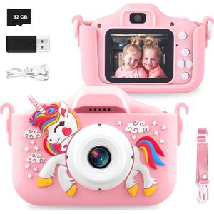 Happy Child® Digitale Kindercamera HD 1080p inclusief Stickervel - 32GB micro sd kaart – Fototoestel Voor Kinderen – Nederlandstalig – Unicorn Roze