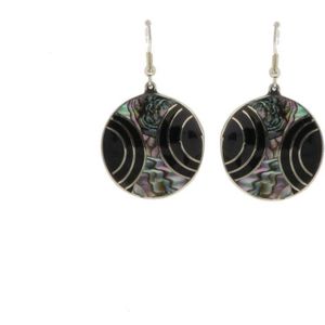 Behave Oorbellen - oorhangers - abalone schelp - rond - zilver kleur - zwart - multi - 5 cm