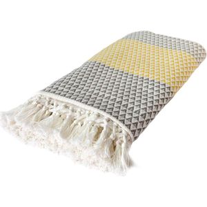 woondeken Plaid Dana, 150x200 cm, wit (wit) bruingeel (mosterdgeel), patroon, boho, katoen, gezellige deken, bankdeken, sofadeken, slaapdeken, picknick deken, sprei