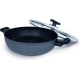 Kaula grote keukenpot met antiaanbaklaag 28 cm voor inductie-, gas- en keramische kookplaten. Hoge aluminium pot, lichtgewicht met glazen deksel en ergonomisch handvat. Vaatwasmachine geschikt. De kleur zwart