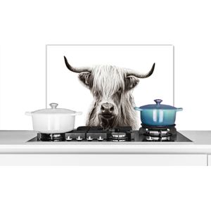 Spatscherm keuken 60x40 cm - Kookplaat achterwand Schotse Hooglander - Wit - Koe - Muurbeschermer - Spatwand fornuis - Hoogwaardig aluminium