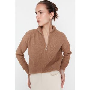 Trendyol Vrouwen Lage mouw Basis Camelkleurige gebreide trui met rits en zachte structuur TWOAW20XS0009