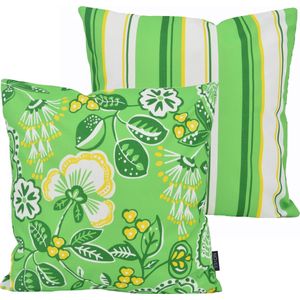 Flower / Stripe Kussenhoes - Groen | Outdoor / Buiten | 45 x 45 cm | Katoen/Polyester