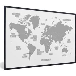 Fotolijst incl. Poster Zwart Wit- Licht grijze wereldkaart - zwart wit - 120x80 cm - Posterlijst