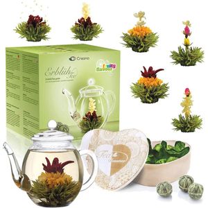 Theebloemen Cadeauset met Glazen Theepot - Groene Thee Mix in Houten Doos