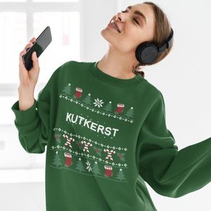 Foute Kersttrui Candy Cane - Met tekst: Kutkerst - Kleur Groen - ( MAAT XS - UNISEKS FIT ) - Kerstkleding voor Dames & Heren