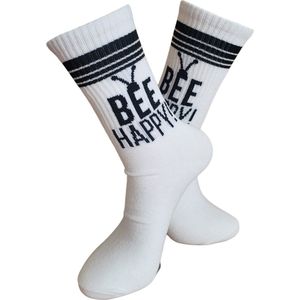 Verjaardags cadeau - Happy Sokken - Blij sokken - vrolijke sokken - witte sokken - tennis sokken - sport sokken - valentijns cadeau - sokken met tekst - Blije sokken - grappige sokken - Socks waar je Happy van wordt - maat 37-44